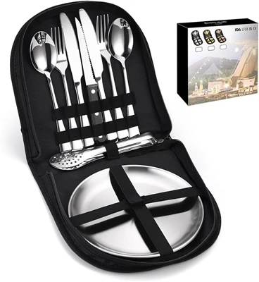 Set Peralatan Makan Stainless Steel Piknik Luar Ruangan Untuk Petualangan Aus...